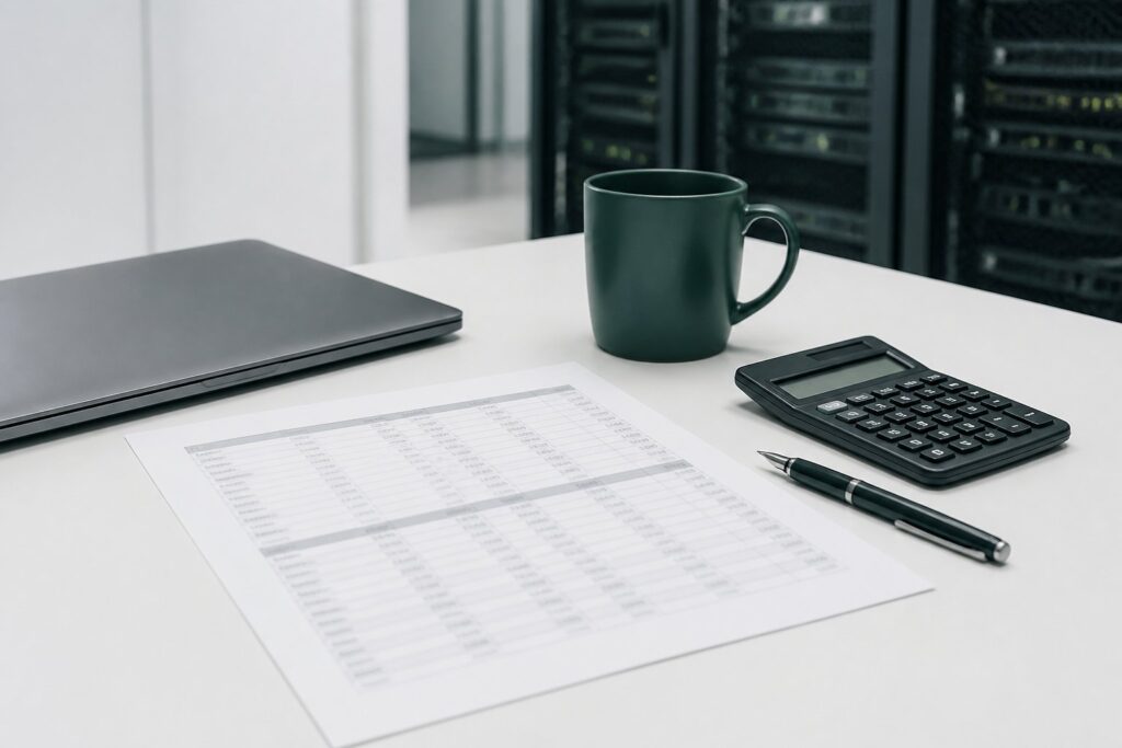 Document de tarification et ordinateur sur un bureau avec une baie de serveurs