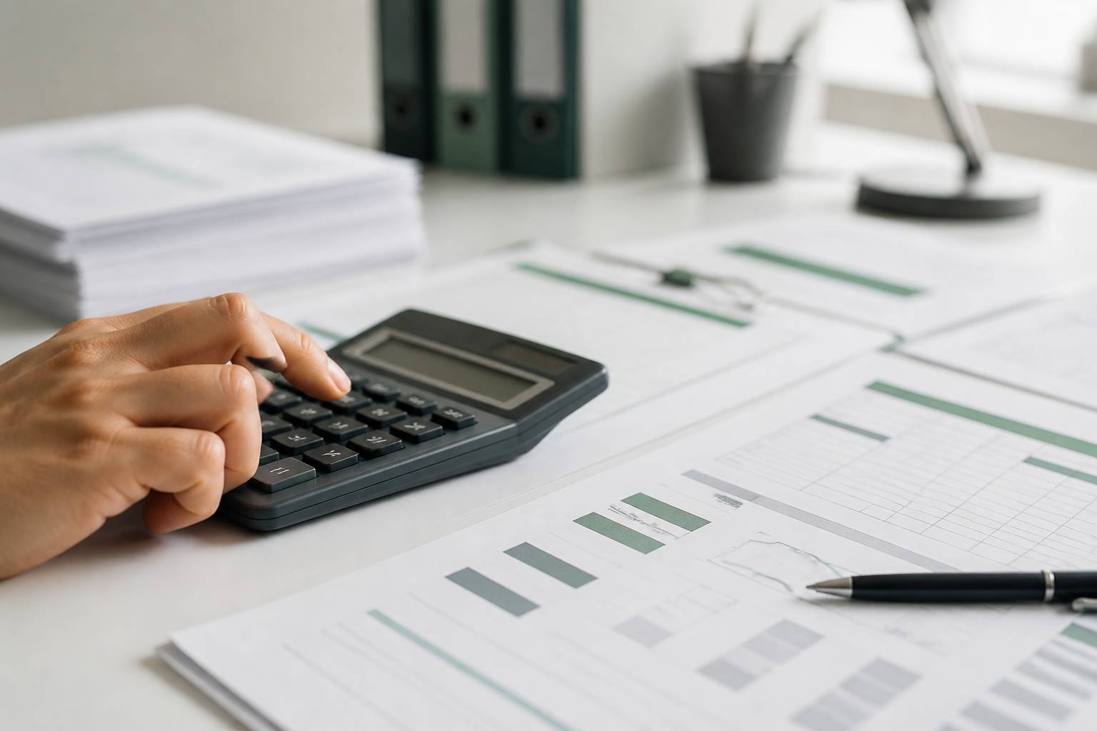 Main calculant sur une calculatrice avec documents
