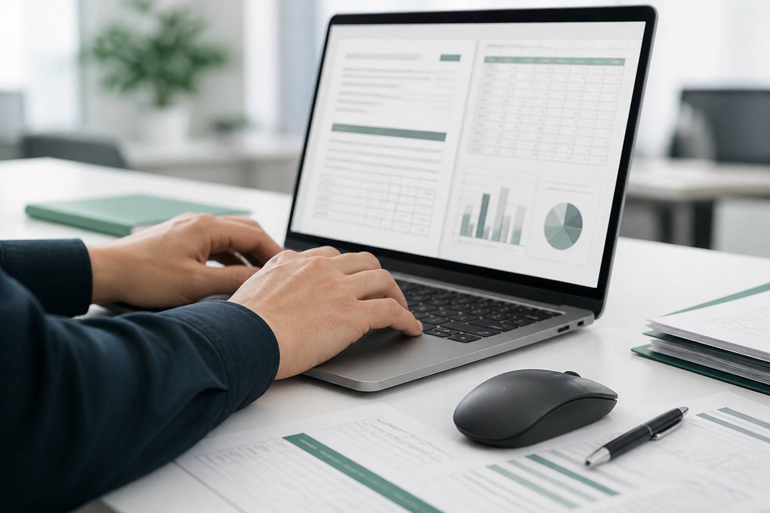 Mains tapant sur clavier devant des documents génériques