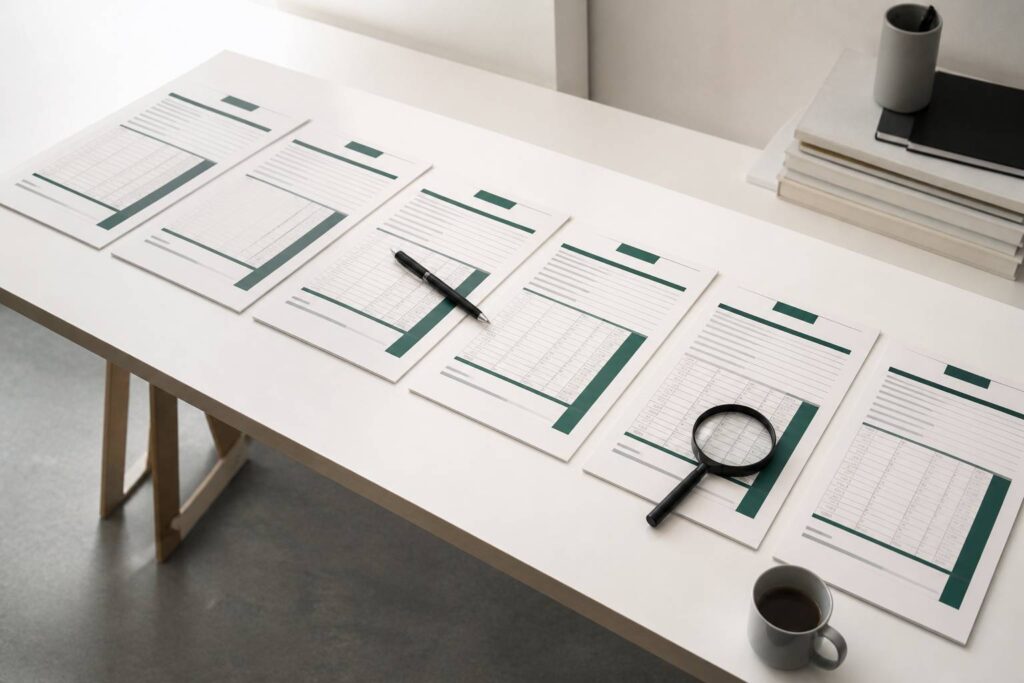Six devis alignés sur un bureau avec loupe et stylo