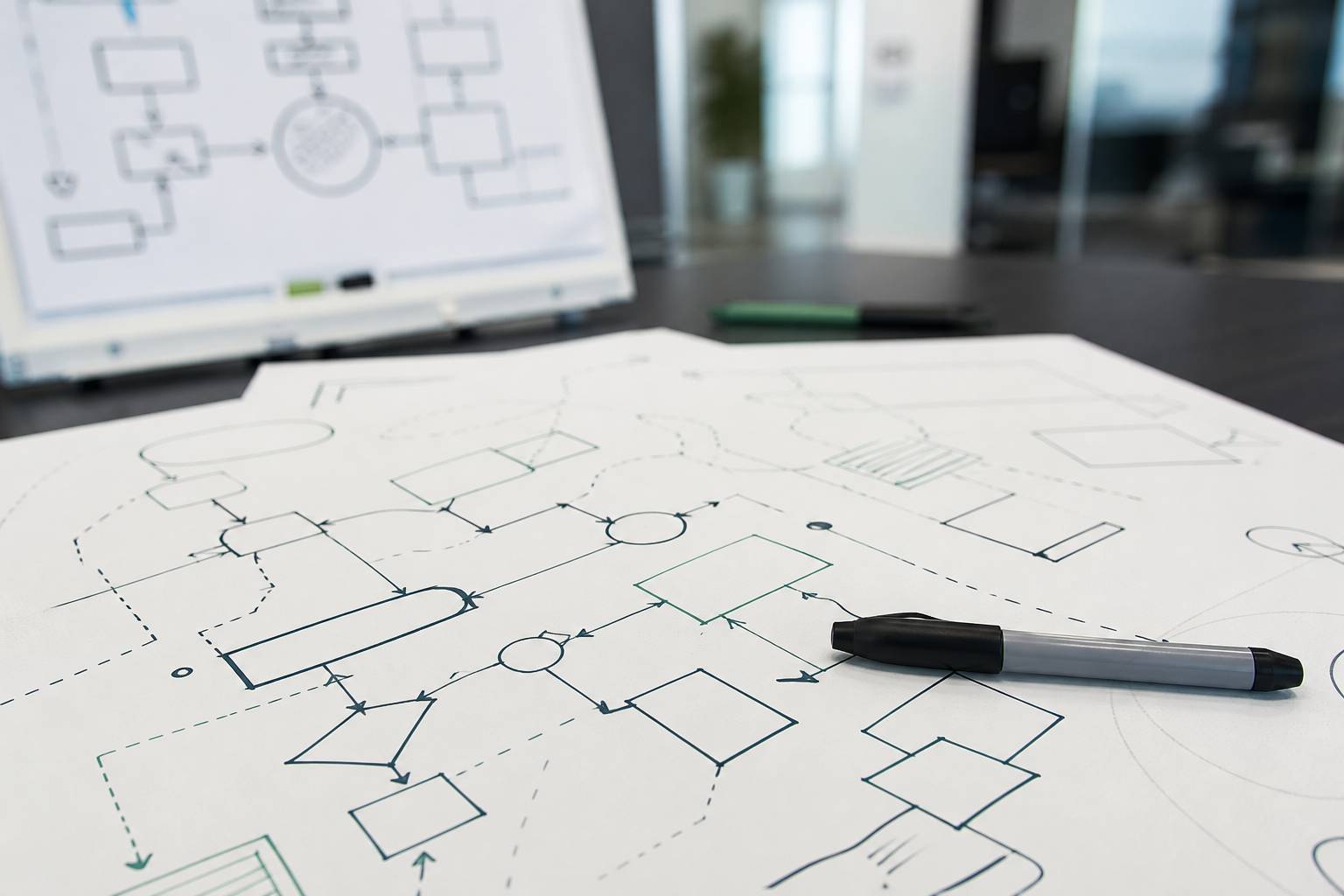 Schémas de processus imprimés avec marqueur sur table