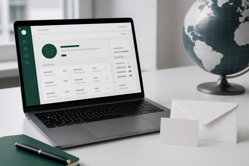 Bureau épuré avec ordinateur, enveloppe et globe stylisé