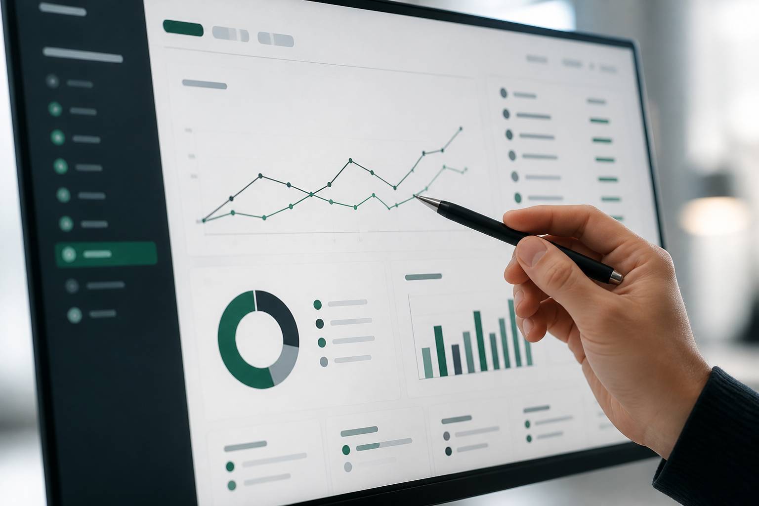 Graphiques CRM sur écran avec stylo pointant une ligne