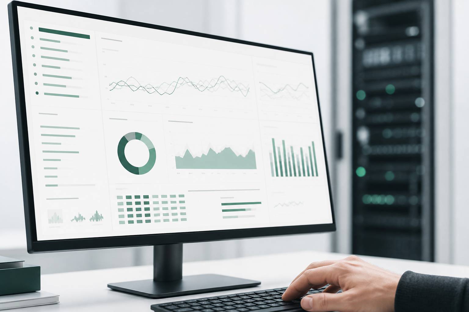 Graphiques de monitoring sur écran avec main sur clavier