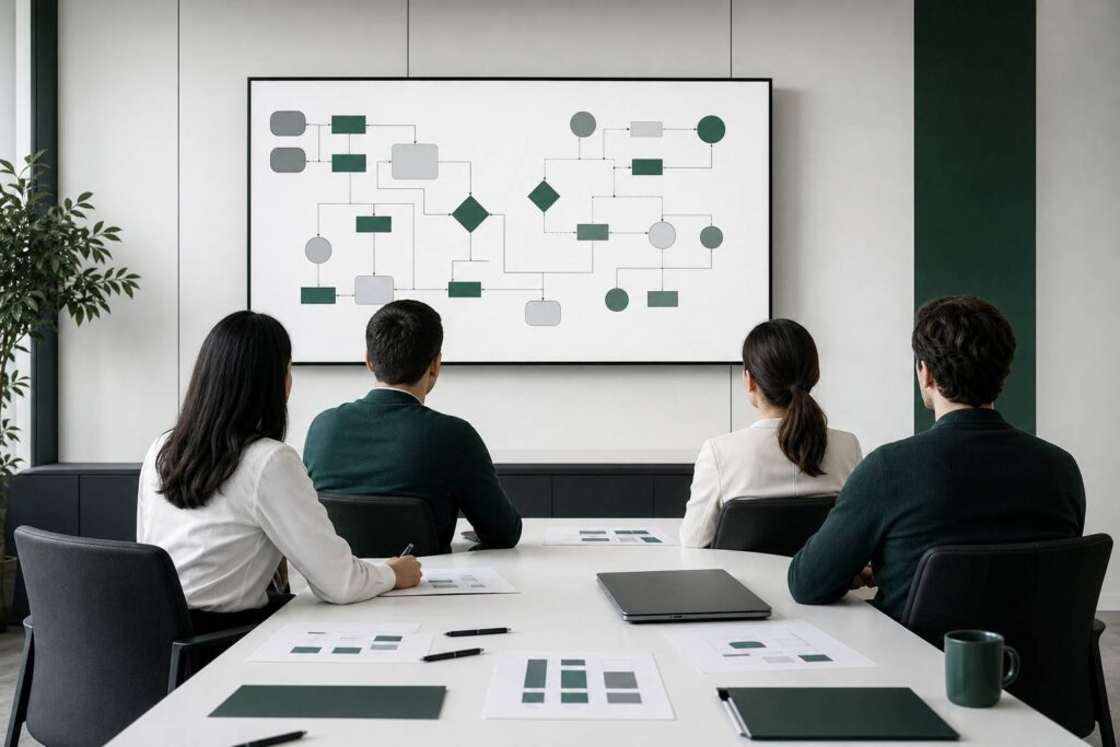 Salle de réunion avec écran de diagrammes et participants de dos