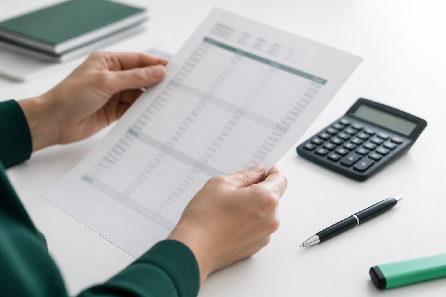 Mains tenant un document aux lignes de tableau avec stylo et calculatrice