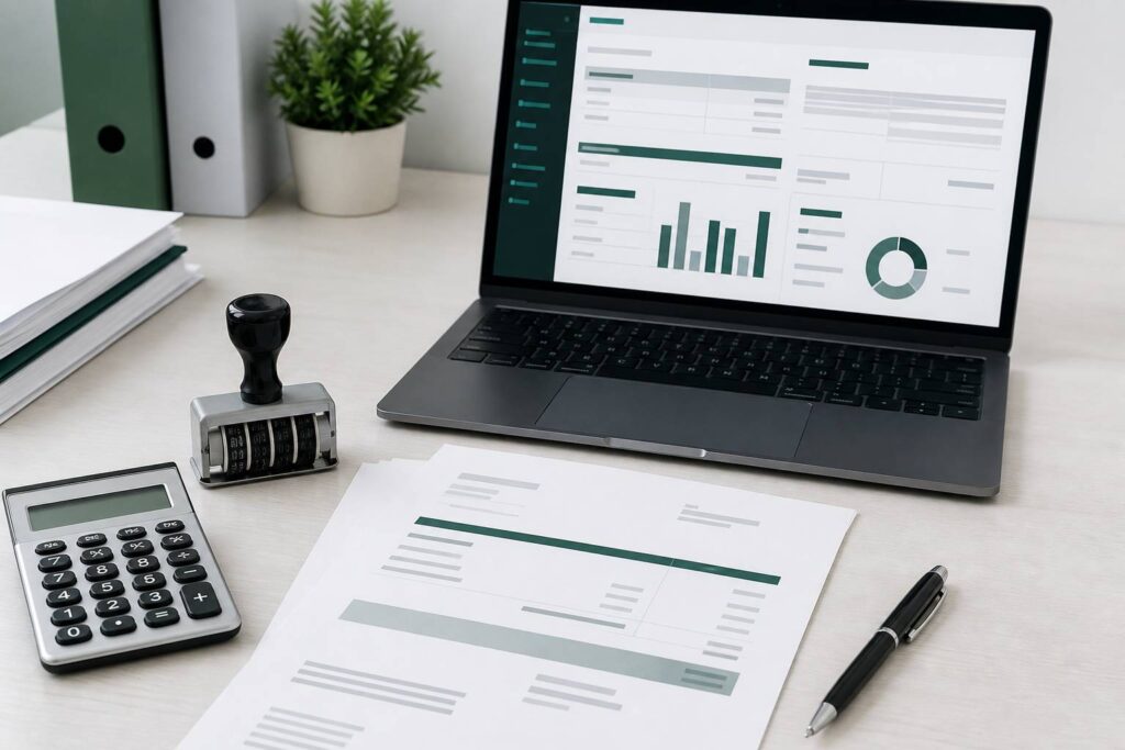 Facture imprimée avec tampon dateur et calculatrice sur bureau