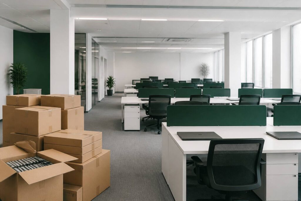 Open space avec postes alignés et cartons de matériel neuf