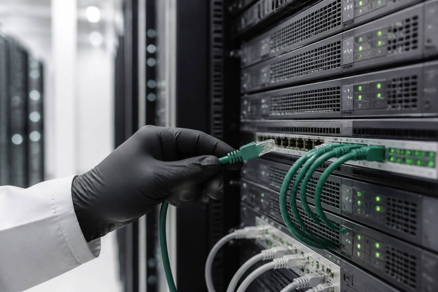 Serveurs empilés avec câbles réseau et main gantée