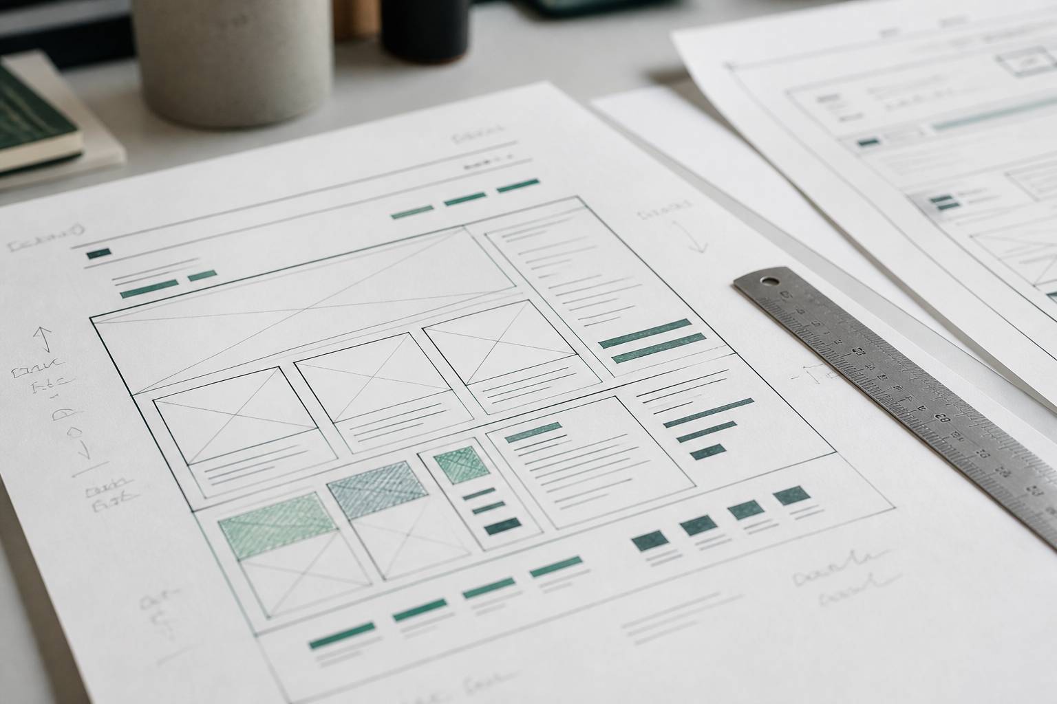 Wireframes imprimés annotés au crayon avec règle métallique