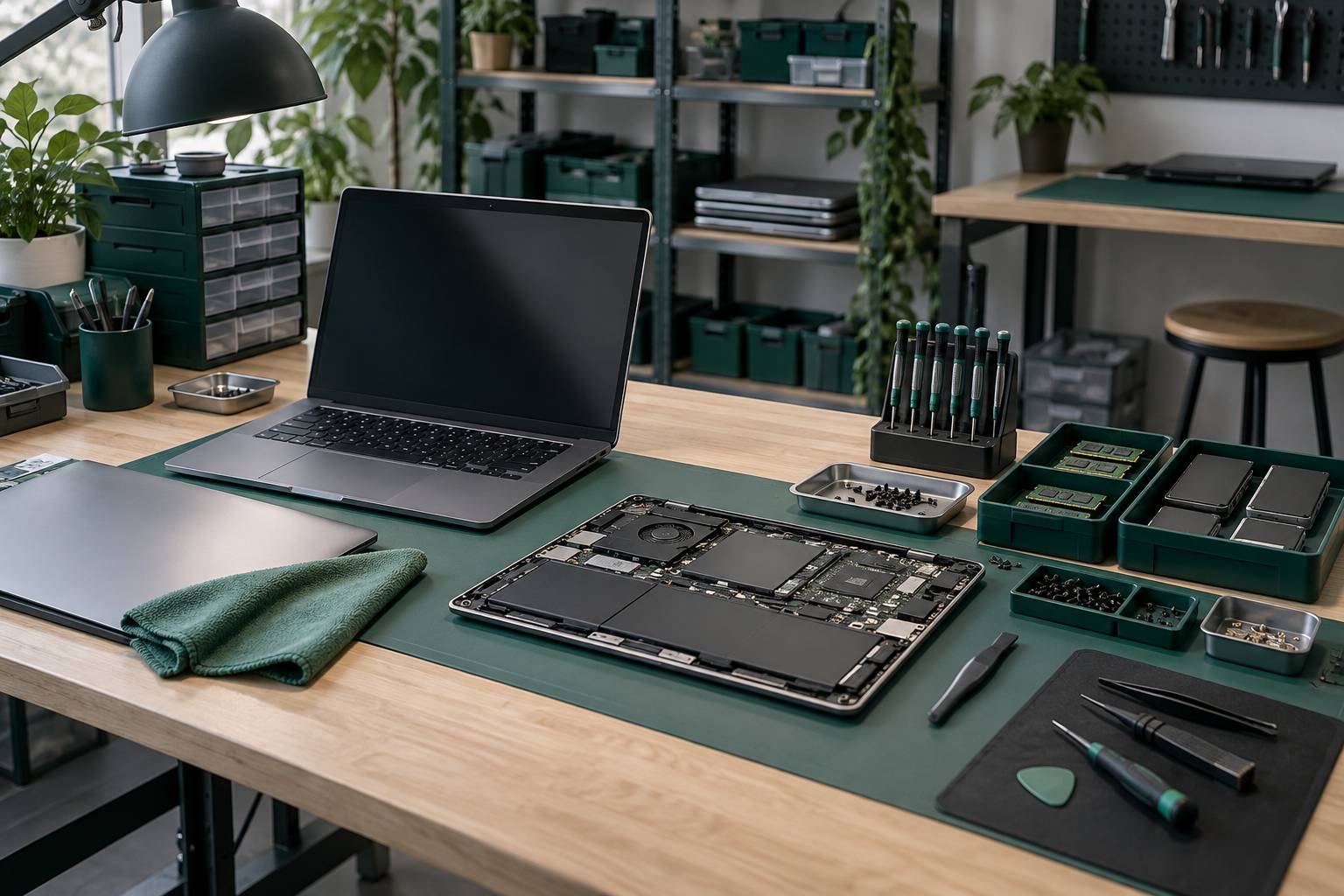 Atelier de reconditionnement avec laptop ouvert et composants rangés