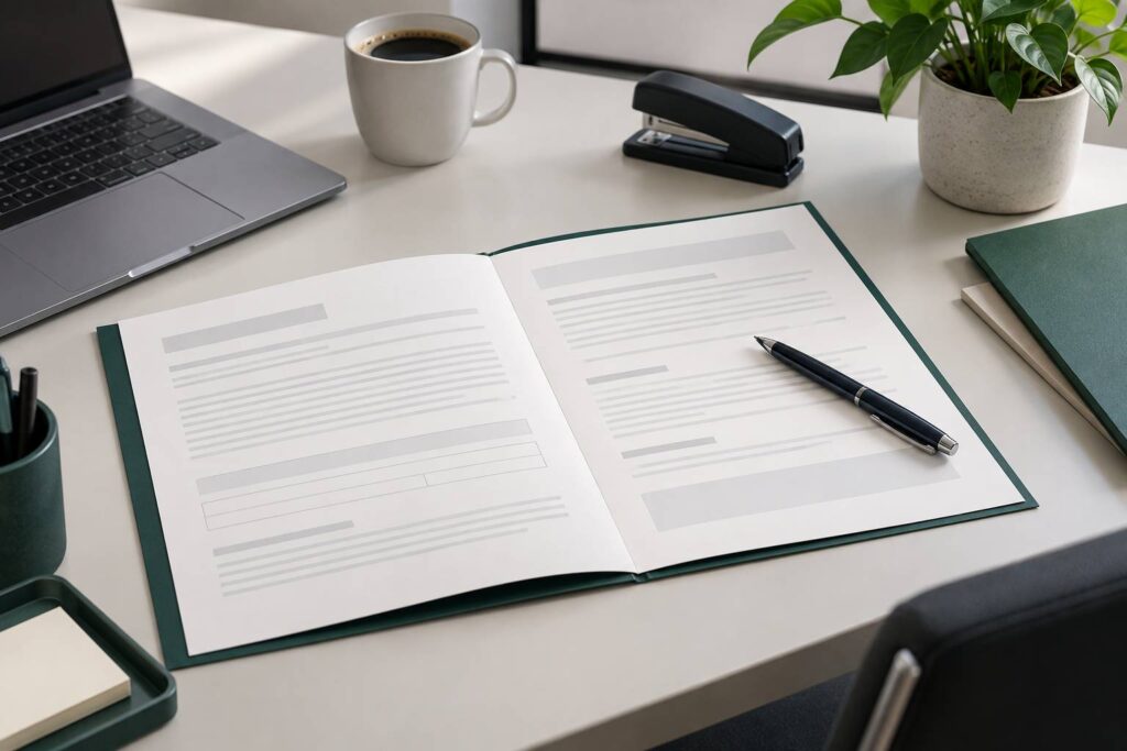 Contrat de garantie ouvert sur un bureau avec stylo et ordinateur portable