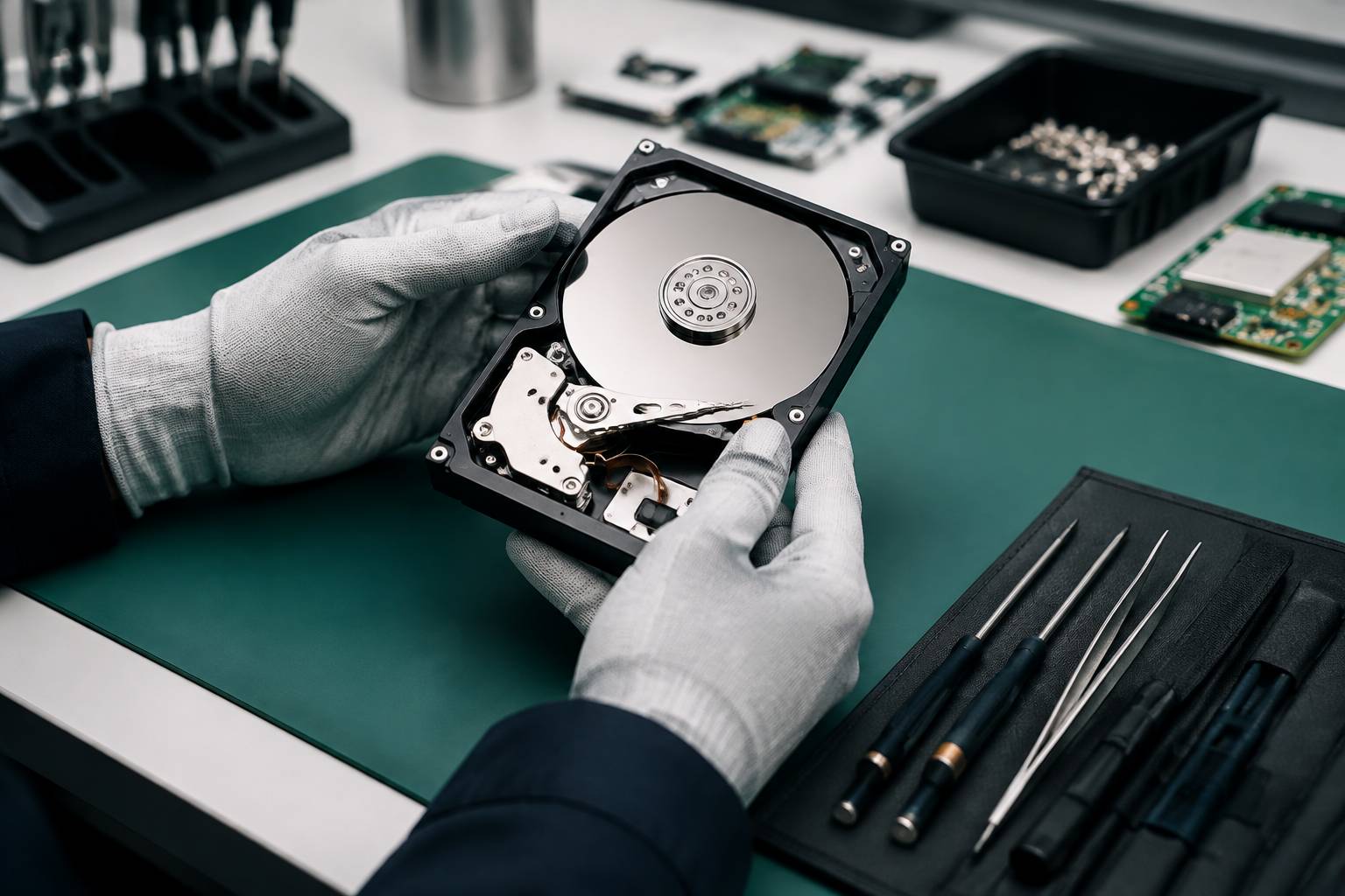 Mains gantées antistatiques manipulant un disque dur ouvert en atelier informatique