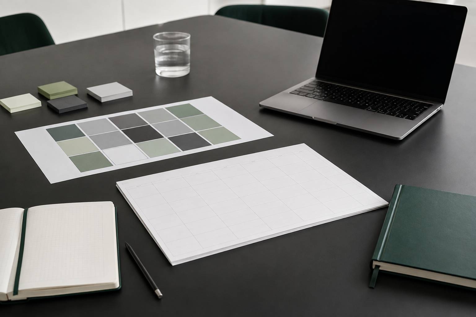 Table de réunion avec planning vierge et ordinateur pour cadrer un forfait informatique