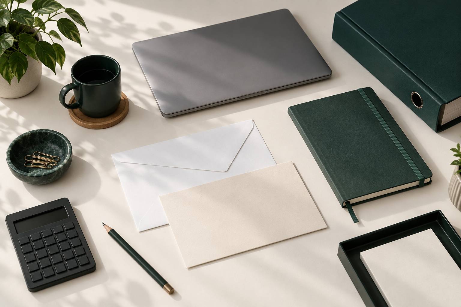Documents neutres et calculatrice alignes sur un plan de travail de bureau