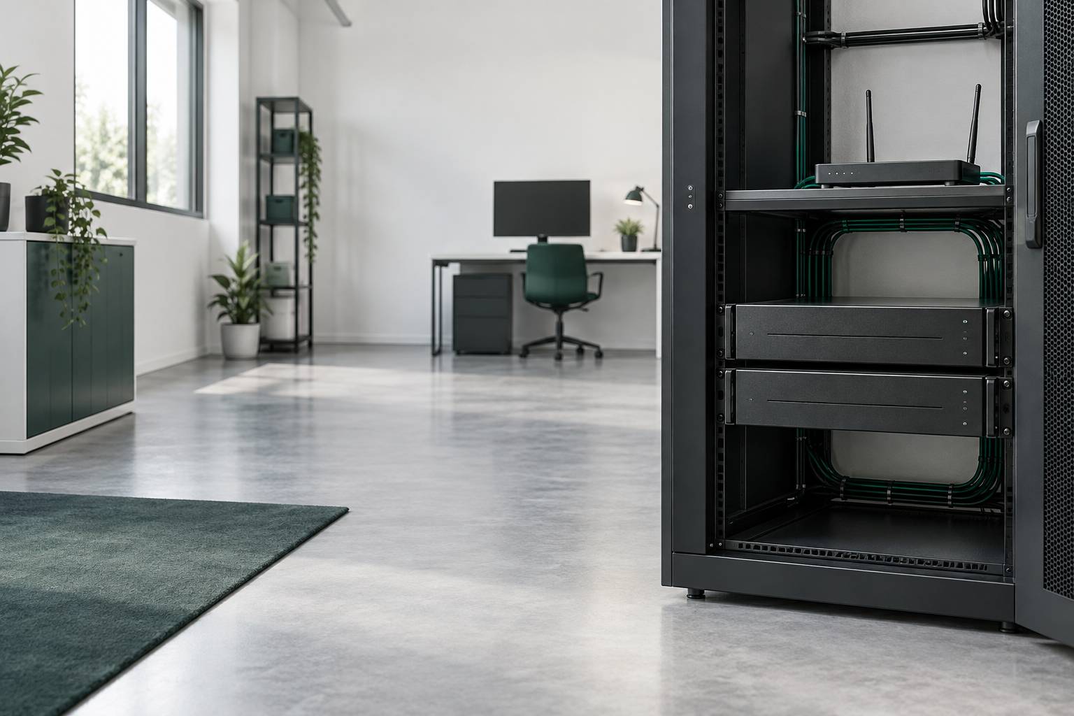 Serveurs generiques empiles et cables ranges dans une salle technique