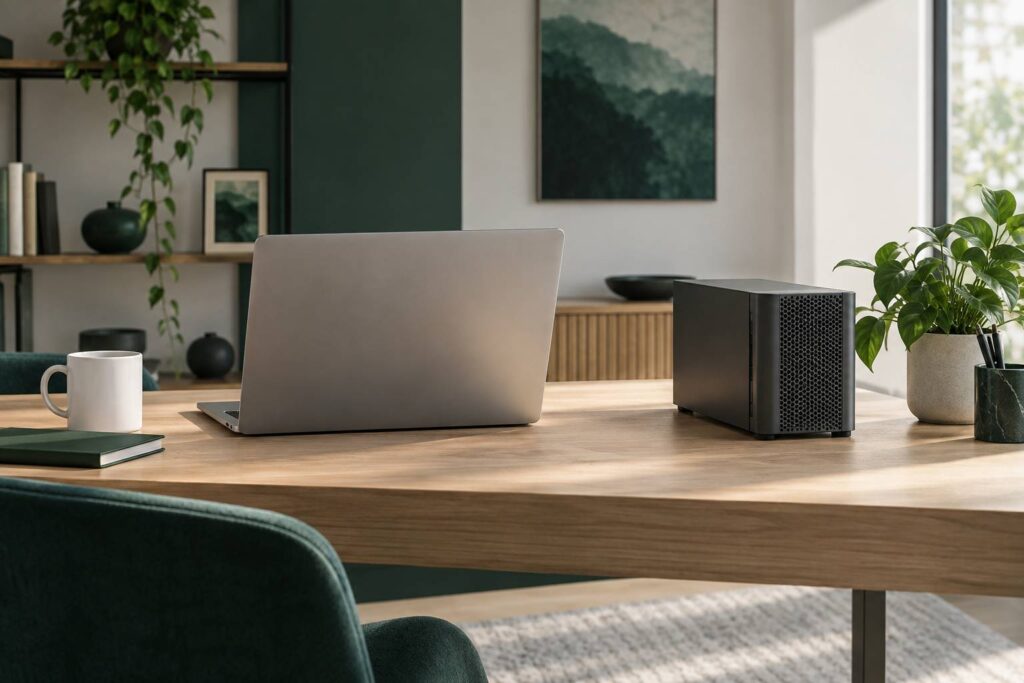 Ordinateur portable, serveur compact et tasse sur un bureau clair