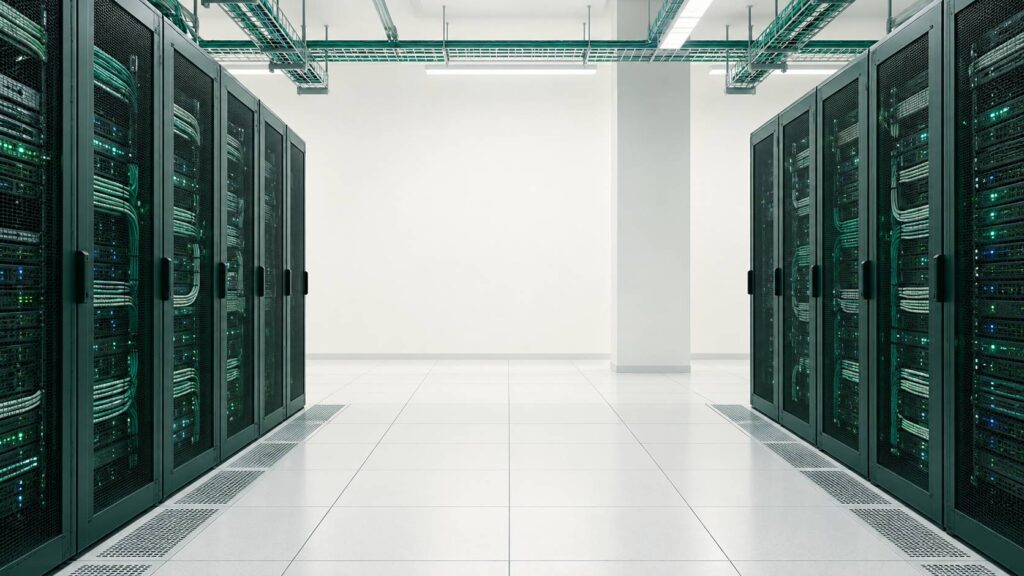 Baies informatiques alignées avec câblage réseau organisé et voyants lumineux