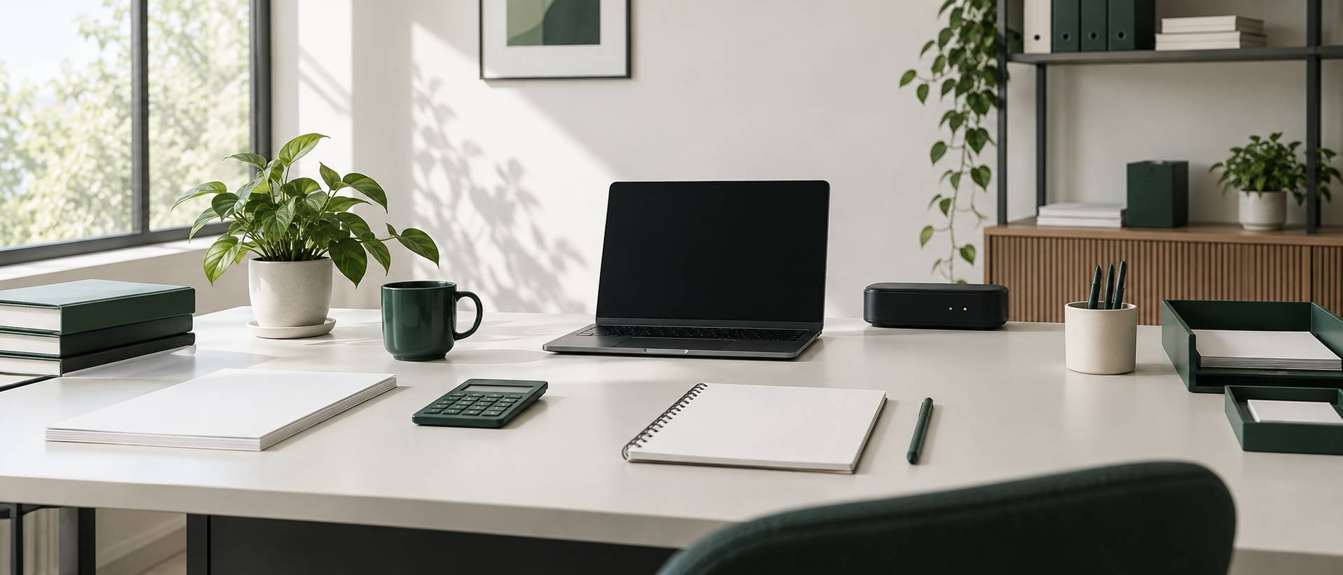 Bureau de petite entreprise avec ordinateur portable éteint et modem réseau
