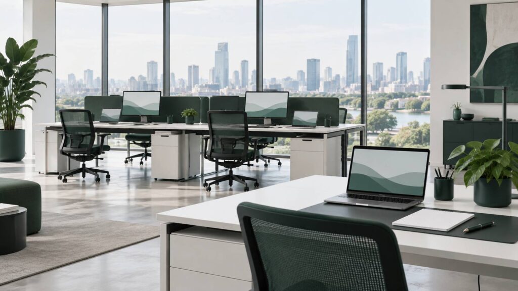 Bureau d'entreprise moderne avec postes de travail et schémas abstraits à l'écran