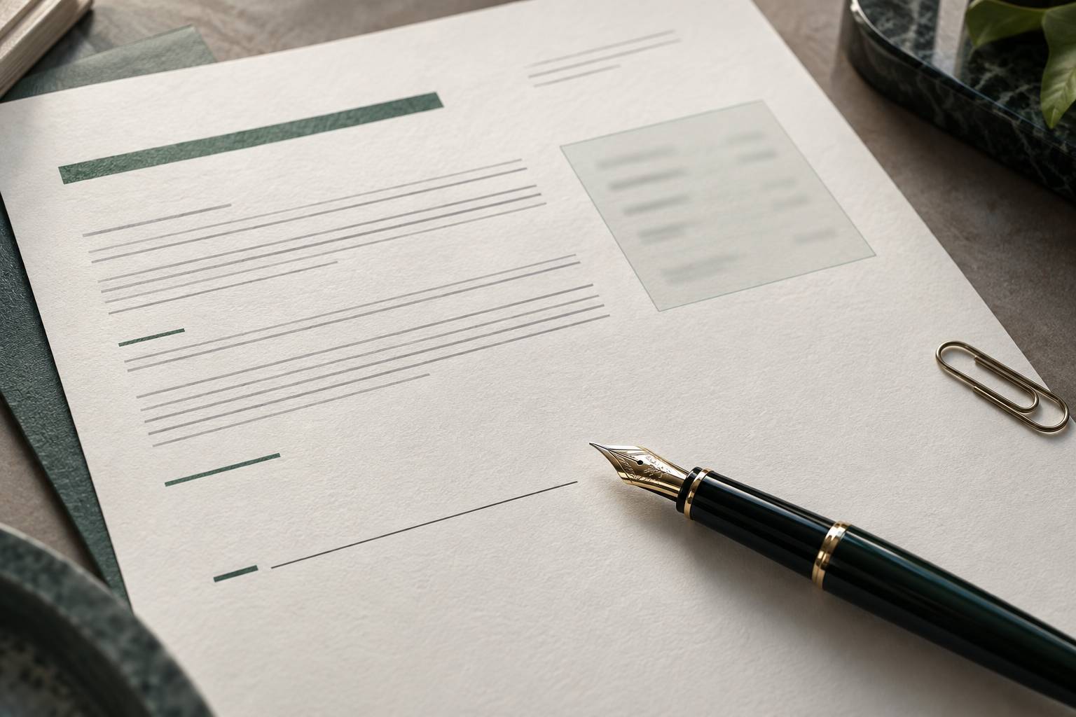 Page de contrat avec ligne de signature et stylo posé dessus en gros plan