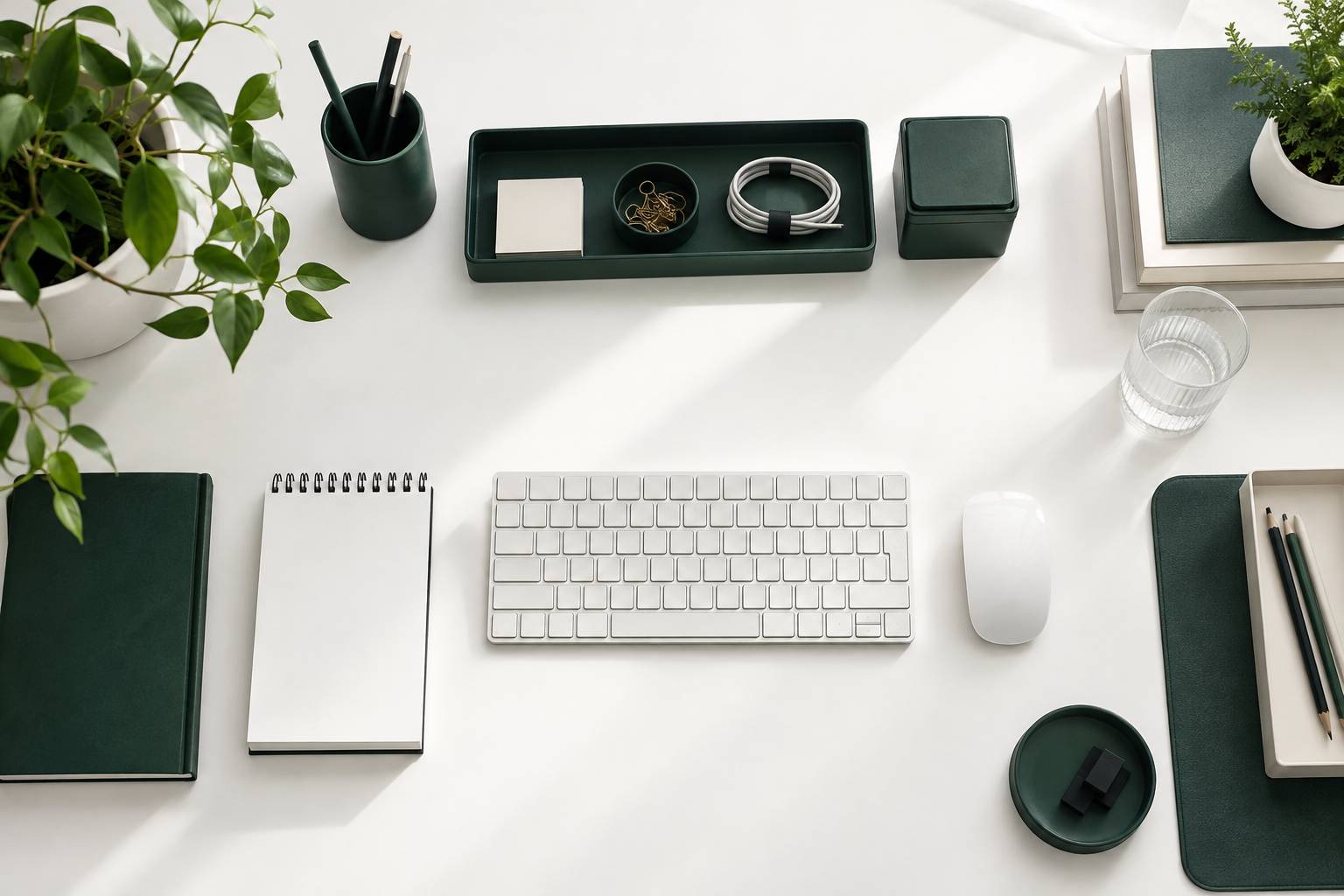 Accessoires de bureau rangés et bloc-notes vierge sur un plan de travail clair