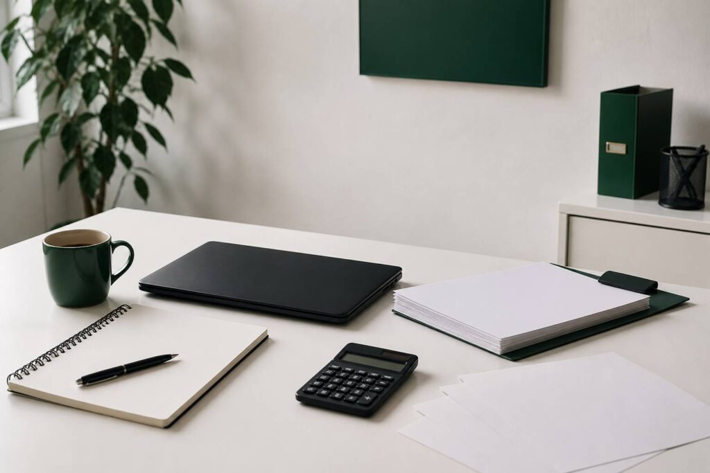 Bureau épuré de TPE avec ordinateur portable, bloc-notes vierge et calculatrice pour comparer les tarifs informatiques