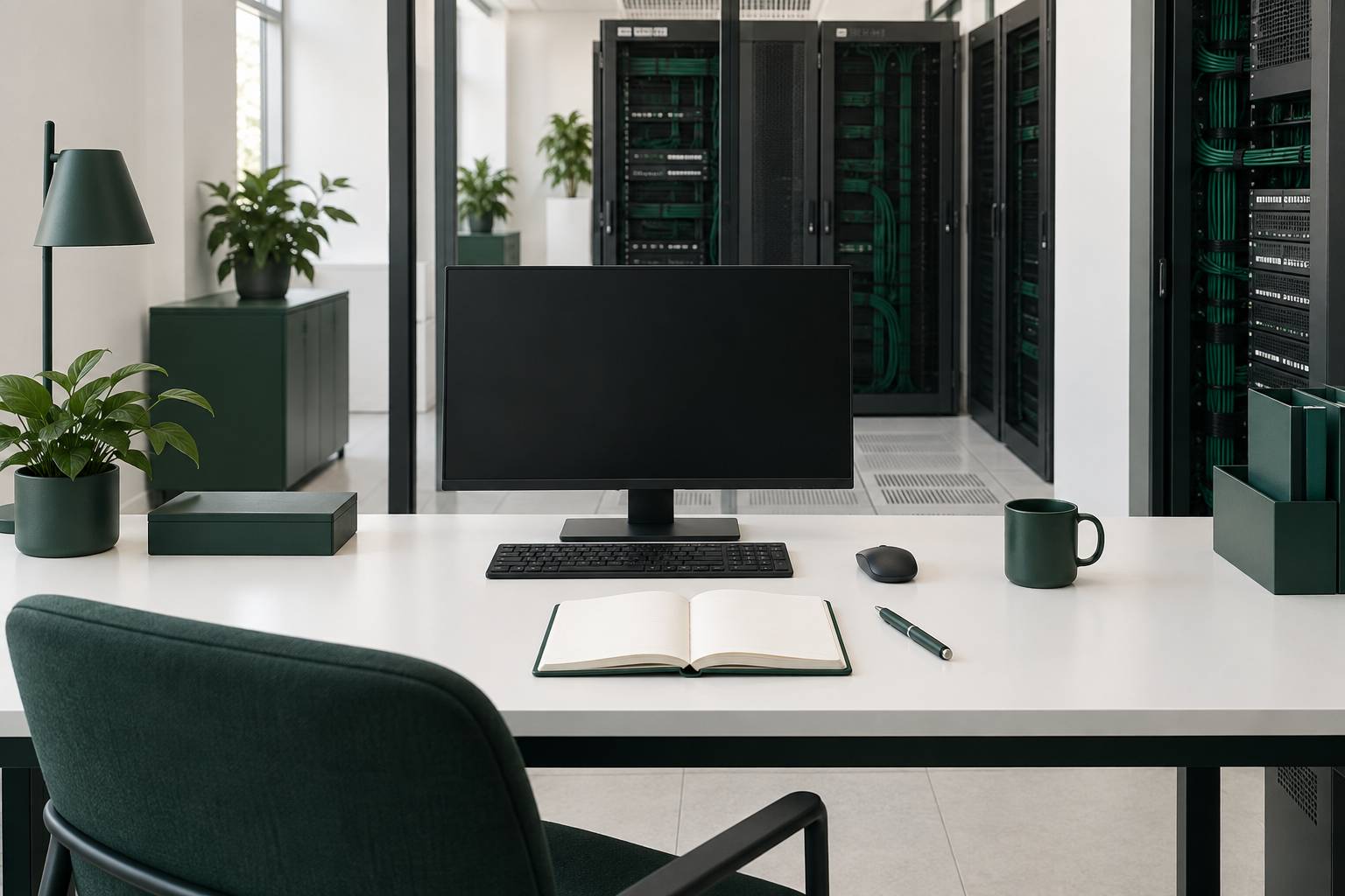 Bureau de travail avec ecran eteint et carnet vierge