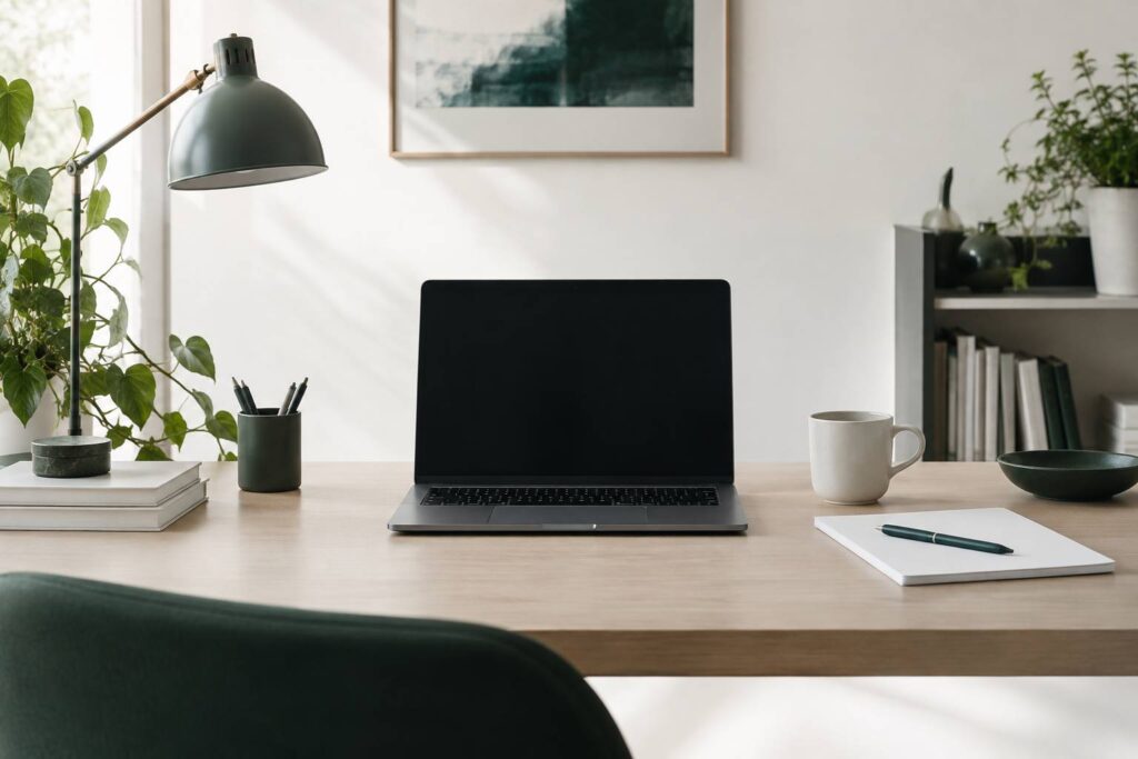 Ordinateur portable et documents sur un bureau sobre