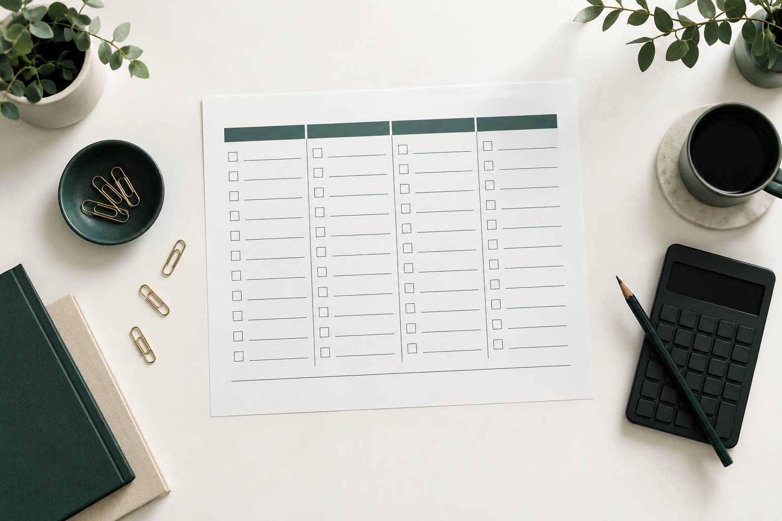 Feuille de travail vierge avec cases vides et trombones