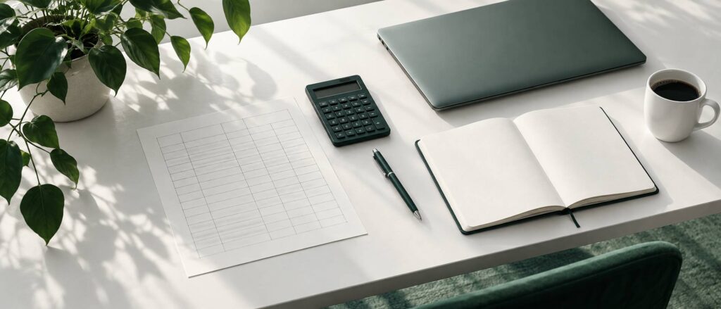 Bureau sobre avec feuille a colonnes tracees au crayon, calculatrice eteinte et carnet vierge