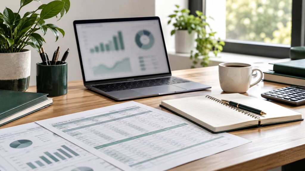 Ordinateur portable ouvert sur un écran flou avec carnet et tasse sur un bureau