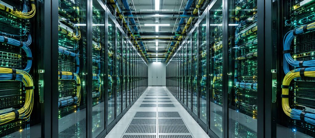 Rangees de baies serveurs avec cables optiques et diodes dans une allee froide