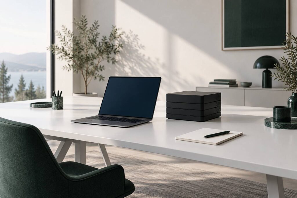 Bureau professionnel avec ordinateur portable et boitier de serveur
