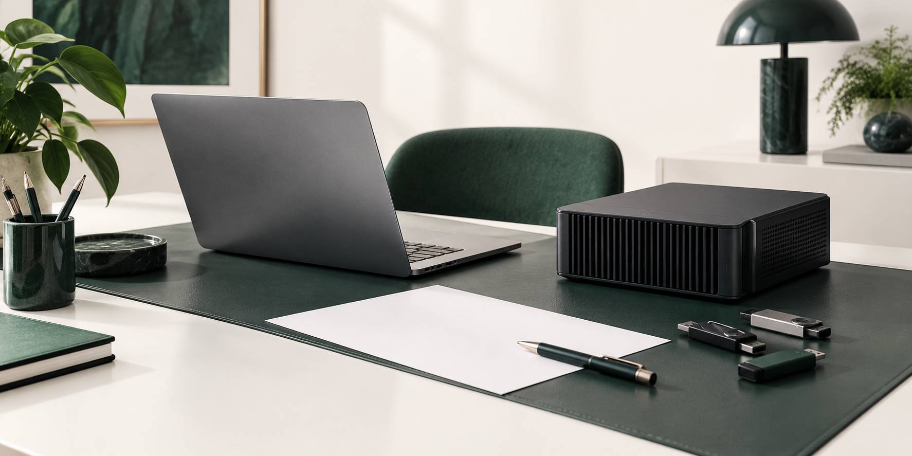 Ordinateur portable, boitier serveur et cles USB sur un bureau clair